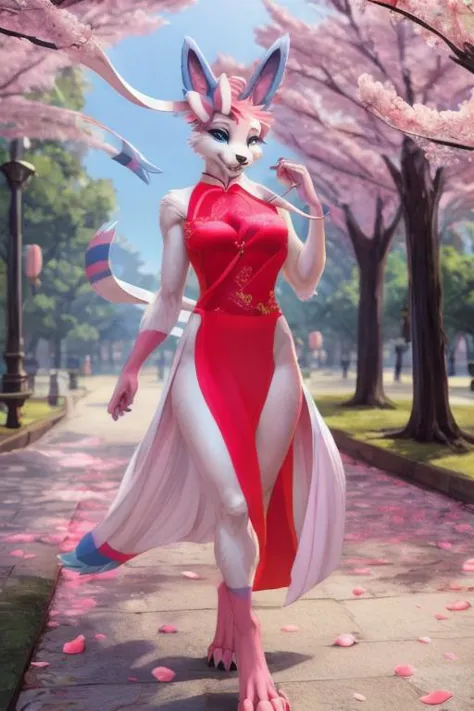 uploaded on e621, explicit content, 3d:0.4, (bastika, cutesexyrobutts, hioshiru), (furry, anthro:1.2), female, solo, sylveon, cherry blossom park, walking, petals falling around her, serene expression <lora:Sylveon:0.8>, short, detailed hands, beautiful ha...