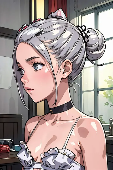 (masterpiece, best quality), 1girl, Platinum Gray Messy Side Bun with Floral Hairpin, small breasts,<lora:TekuhoUlt_v3:1> tekuul...