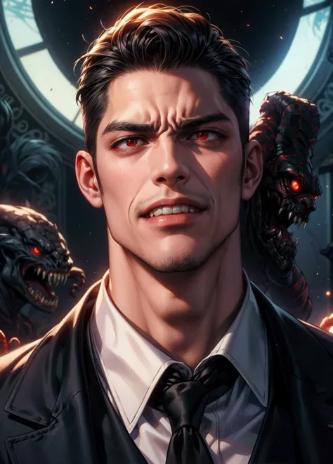 (8k, RAW photo, highest quality),(epic realistic), 1man, slick back hair, (bright red eyes), photorealistic, angry smirk, angry ...
