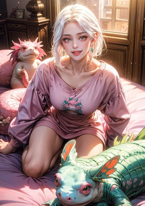 (masterpiece), (realistic), (best quality), (ultra-detailed), amazing, ((girl, axolotl style, axolotl ears, soft pink clothing style, white hair, dreamy smile)), cinematic light, full body