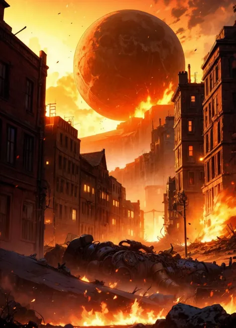 a steampunk town (town from mortal engines) drives trough a scorched land while the red sun shines hot on the dried up and scorc...