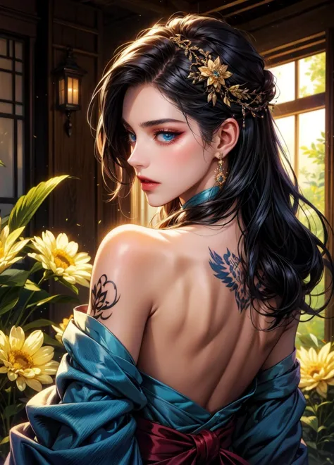 (masterpiece, top quality, best quality, official art, beautiful and aesthetic:1.2),1girl, tattoo, solo, japanese clothes, hair ...