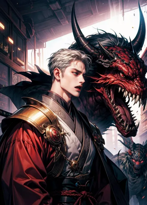 demon, man, boy, male, japan mythology, scary monster, toothy, long tongue, samurai armor, dirty gray hair, pale skin