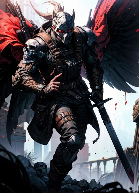 a close up of a person with a sword and wings