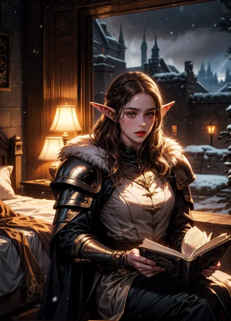a princess elf in her room reading a book, 1girl, cute elf girl, fantasy, flawless, 8k, RAW, highres, snowing, game of thrones, ...