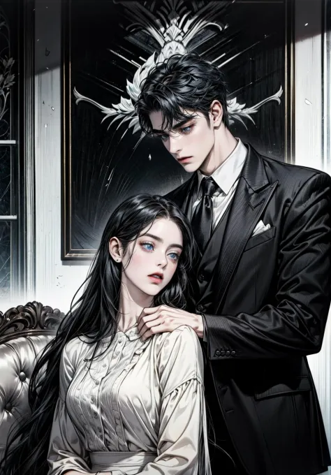 (a cool boy with black hair, black eyes and wearing black suit and a girl with white long hair, blue eyes are lover