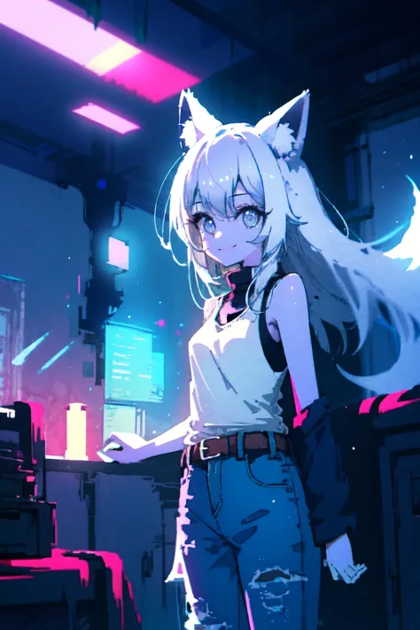 (high quality, best quality, 4k, 2k, (intricate:1.1), (high detail:1.3)), ((indoors, garage)), (official wallpaper, volumetric lighting, dynamic lighting),
1girl, solo, (fox girl, fox ears, black fox tail), (white hair), long hair, (glowing grey eyes), 
tank top, sleeveless, jeans, belt, HLD Style, 
standing, ((smile)), cowboy shot,
<lora:Hyper Diffusion:1>