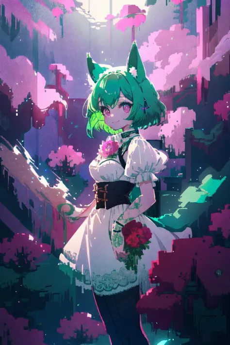 (high quality, best quality, 4k, 2k, (intricate:1.1), (high detail:1.3)), ((outdoors, forest, flowers)), (official wallpaper, volumetric lighting, dynamic lighting),
1girl, solo, (fox girl, fox ears, black fox tail), (green hair), short hair, (pink eyes), 
white dress, corset, HLD Style, 
standing, ((smile)), cowboy shot,
<lora:Hyper Diffusion:1>