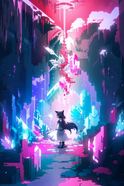 (high quality, best quality, 4k, 2k, (intricate:1.1), (high detail:1.3)), ((cave, crystal)), (official wallpaper, volumetric lighting, dynamic lighting),
1girl, solo, (fox girl, fox ears, black fox tail), (black hair), long hair, ponytail, (red eyes), 
white dress, corset, HLD Style, 
standing, ((smile)), cowboy shot,
<lora:Hyper Diffusion:1>