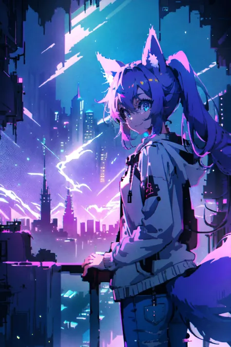 (high quality, best quality, 4k, 2k, (intricate:1.1), (high detail:1.3)), ((cityscape, skyline)), (official wallpaper, volumetric lighting, dynamic lighting),
1girl, solo, (fox girl, fox ears, fox tail), (purple hair), long hair, ponytail, (blue eyes), 
hoodie, jeans, HLD Style, 
standing, ((smile)), cowboy shot,
<lora:Hyper Diffusion:1>