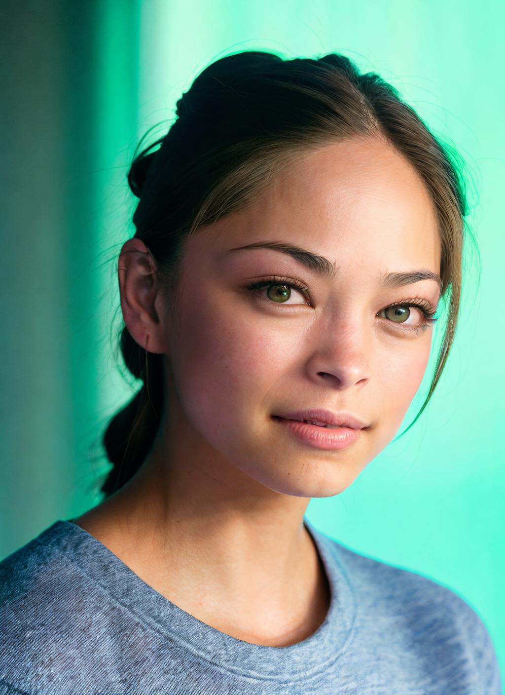 A close up of a woman with a blue shirt and a green background - SeaArt AI