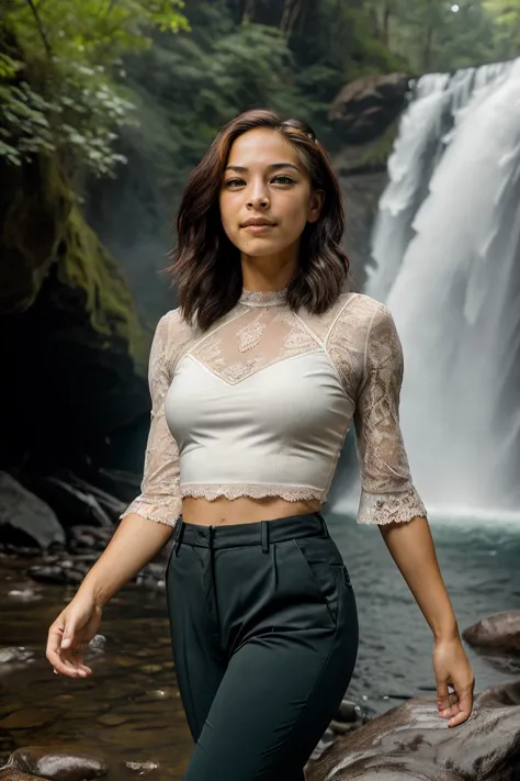 closeup, photo of skswoman, Walking pose, wearing Lace Top and High-waisted pants, in waterfall, looking grimace, (look at viewer:1.0) (skin texture), Fujifilm XT3, DSLR, 50mm, <lyco:Kristin KreukV2:1.2>