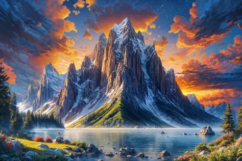 a painting of a mountain with a lake and a mountain range