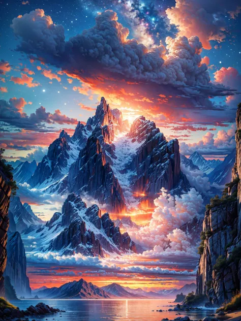 a painting of a mountain range with a lake and a sunset