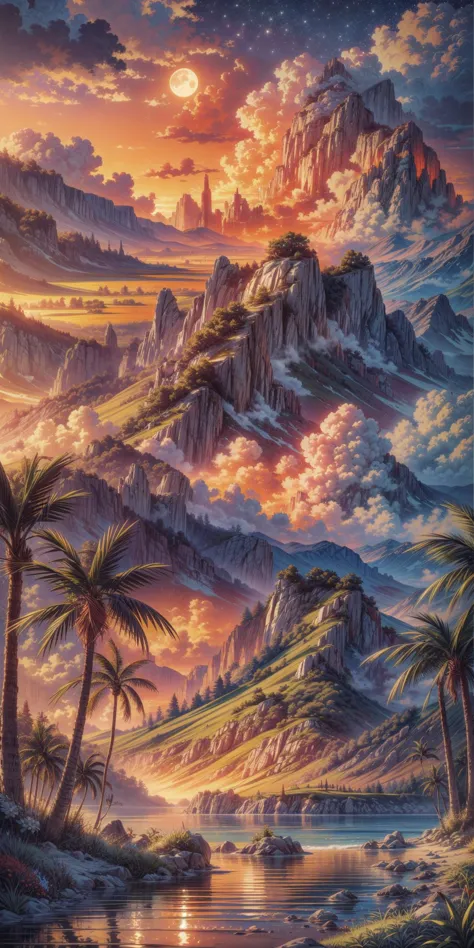 a painting of a mountain with palm trees and a body of water