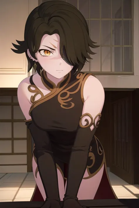 cinderfall, <lyco:cinderfall-lyco-nochekaiser:1>,
cinder fall, short hair, black hair, (yellow eyes:1.5),
break gloves, dress, j...