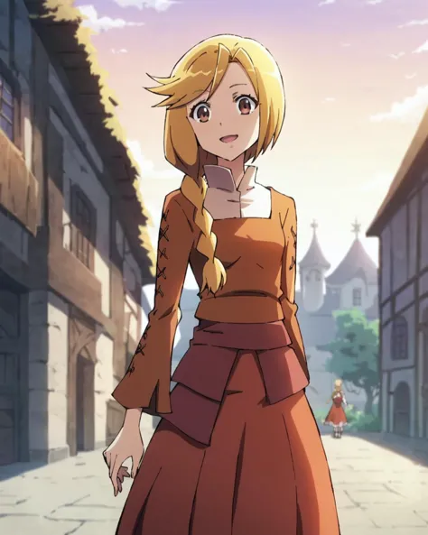 a woman in a brown dress standing on a street