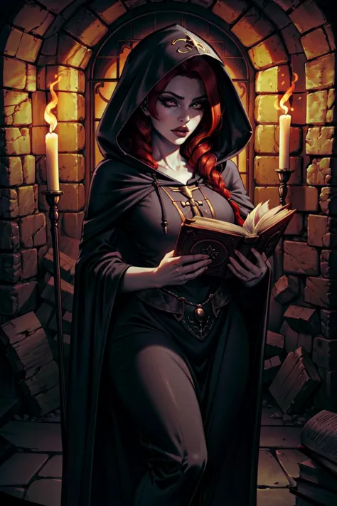 satanic_priestess, redhead, pale_skin, long_black_robes, hooded_head, holding_book, underground_dungeon, indoors, rustic_stone_walls, torches, tochlight, dark, darkness, dimly_lit, gloomy, eerie, beautiful_young_woman, pretty_face, big_eyes, large_nose, perfect_smooth_skin <lora:b1mb0_v2:0.3> <lora:glam style makeup:0.5>, line_art, sharp_outlines, intricate_linework, (masterpiece), (best_quality), (sharp_focus), dynamic_lighting, dark_deep_shadows, clear_image, bright_vivid_colors