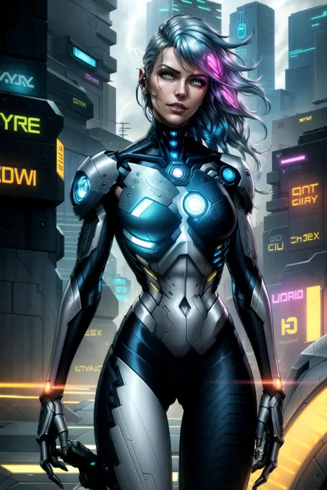 a woman in a futuristic suit standing in front of a futuristic city