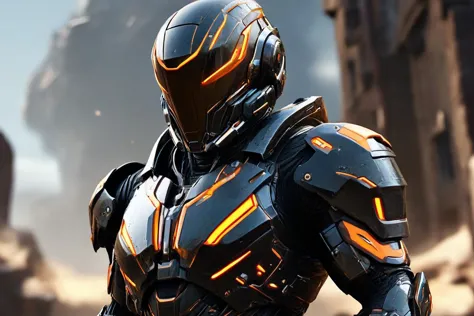 A digital illustration of a futuristic soldier in ultra-high-definition, featuring an ultra-realistic and ultra-detailed armored suit. The armor is predominantly black with orange accents, highlighting its intricate design. The helmet has a reflective visor and the suit includes various panels and layers that suggest advanced technology. The soft anisotropic filtering adds a realistic texture to the materials, while the hypersharp feature brings out the fine details, making the armor appear tangible. The overall quality is comparable to a high-resolution National Geographic photograph, and the artwork would trend on ArtStation for its impressive details and realism.