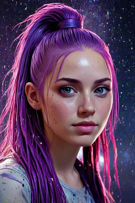 a close up of a girl with purple hair and a messy ponytail