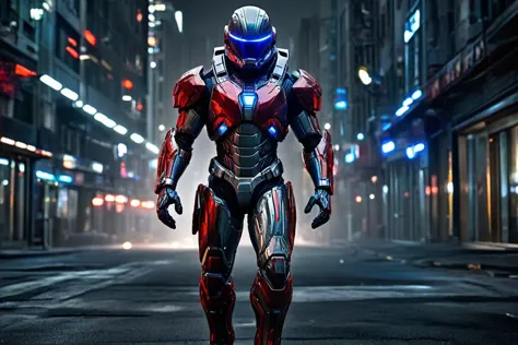 Man, futuristic armor, full body, deep Space, space armor suit, armor, style armor (smooth armor: 2.00) blu and red lights, gray and light blue metal chromed armor, red and blue lights, metal armor, diffusion (particles: 1.25) lights on armor, smooth helmet, grey metal chromed armor, aggressive looking, epic helmet, aggressive helmet, Eva helmet, galaxy, city closed street background