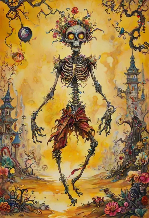 a painting of a skeleton with a flower crown on his head