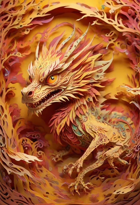 paper-cut of a dragon with burning eyes in an vibrant colored enchanted wonderland, magical, whimsical, fantasy art concept, steampunk, intricate details, best quality, masterpiece, ultra sharp, yellow theme background, <lora:Ath_paper-cut_XL:0.8>