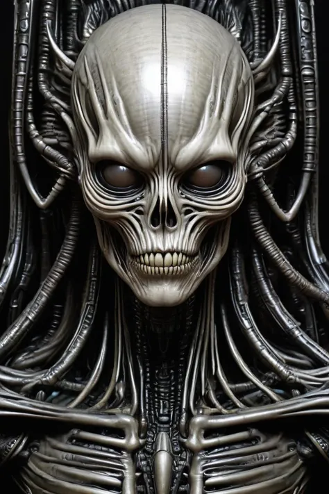 a close up of a statue of a alien with a skull