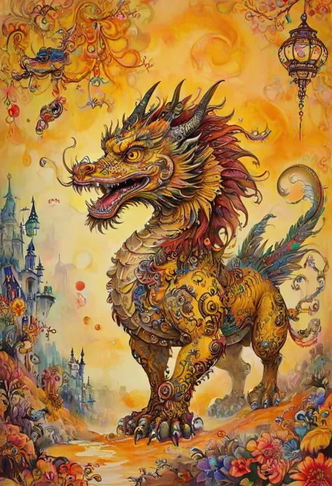 a painting of a dragon with a clock on its back