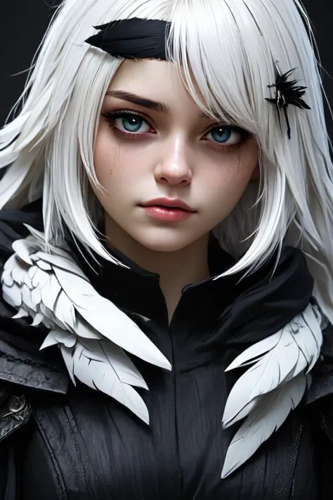 high quality, high detail, masterpiece, beautiful, (general plane ), 1 girl, large white hair, dark clothes whit dark feather details, covered eyes with a cloth dark, animeliner, desillusionRGB, portrait, sad, closeup, sci-fi, fantasy