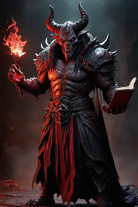 a fullbody shot of a evil fantasy demon, holding spellbook in one hand and casting red dark spells with other hand, hell in background, HKMagic, HD, masterpiece, best quality, hyper detailed, ultra detailed, super realistic