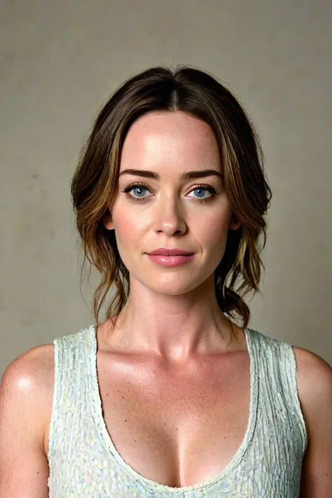 a close up of a woman with a white top and a brown hair