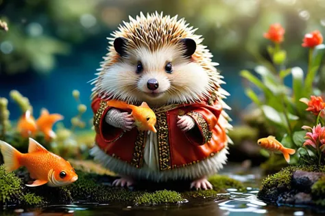 a photo with a tilt shift . selective focus, miniature effect, blurred background, highly detailed, bright, perspective control, a picture with a natural tilt (whimsically artistic), charming additional (fluffy: 1.3) chubby Siberian hedgehog, (in the costume of a Russian hero, Holds a goldfish in its paws, fairy tale)), troubled sea, magical, macro photography, (charming: 1.3), (luminous: 1.2), (huge flora: 1.1), mystical, vivid photography, flickering light, preoccupied, bizarre, disturbing, soft-focus, over-detailed digital art