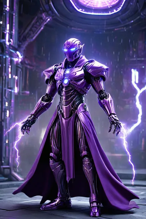 a fullbody shot of a purple fantasy Robot wearing robe, casting lightning magic spells, futuristic spacestation in background, HKMagic, HD, masterpiece, best quality, hyper detailed, ultra detailed, super realistic