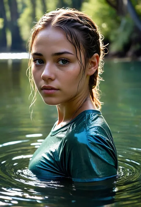 arafed woman in a green shirt standing in a body of water