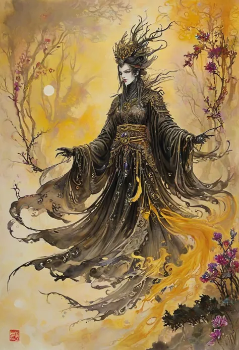 traditional eastern ink-painting of a wraith with spectral grace, in an vibrant colored enchanted wonderland, magical, whimsical, fantasy art concept, steampunk, intricate details, best quality, masterpiece, ultra sharp, yellow theme background <lora:Ath_ink-painting_XL:0.8> ink and wash