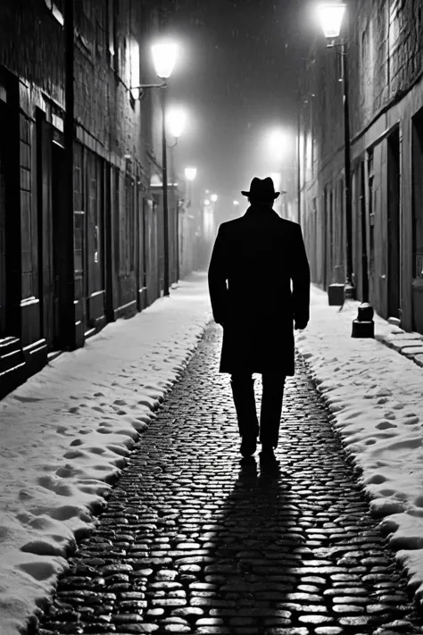 Film noir style, a man walking down the street at night, cobblestone, snowy, snowfall, noir, linquivera, liiv1