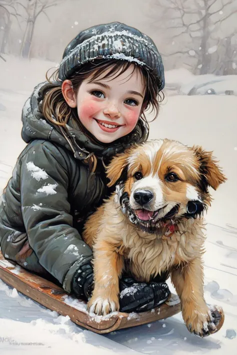 painting of a child and a dog on a sled in the snow