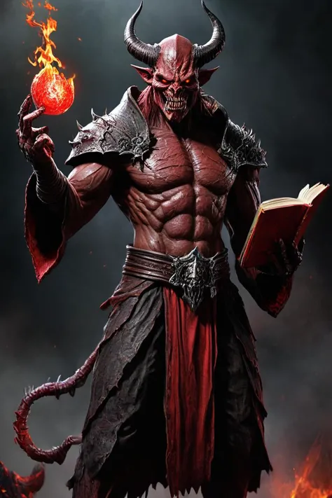 a man in a horned outfit holding a book and a fire ball