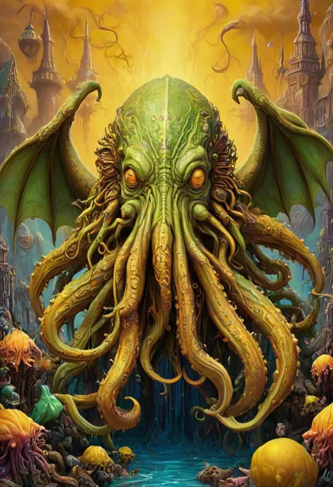 cthulhu with indescribable terror, in an vibrant colored enchanted wonderland, magical, whimsical, fantasy art concept, steampunk, intricate details, best quality, masterpiece, ultra sharp, yellow theme background,