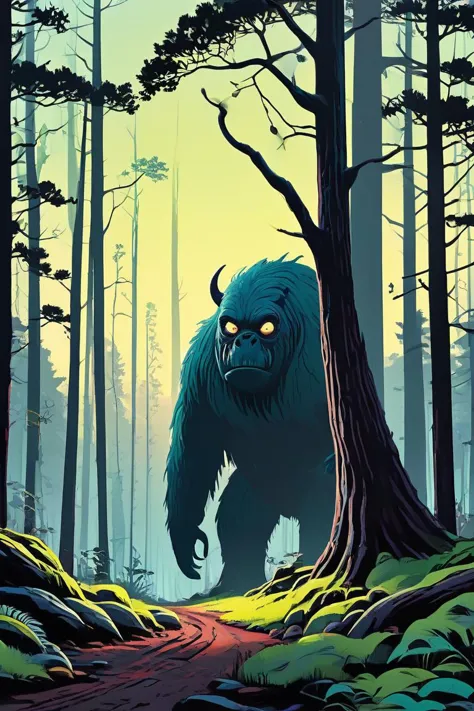 a cartoon monster walking through a forest with trees