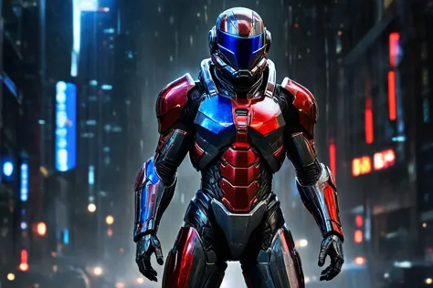 Man, futuristic armor, full body, deep Space, space armor suit, armor, style armor (smooth armor: 2.00) blu and red lights, gray and light blue metal chromed armor, red and blue lights, metal armor, diffusion (particles: 1.25) lights on armor, smooth helmet, grey metal chromed armor, aggressive looking, epic helmet, aggressive helmet, Eva helmet, galaxy, city closed street background