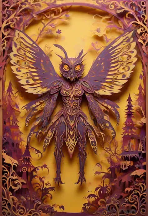 paper-cut of a mothman with ominous presence in an vibrant colored enchanted wonderland, magical, whimsical, fantasy art concept...