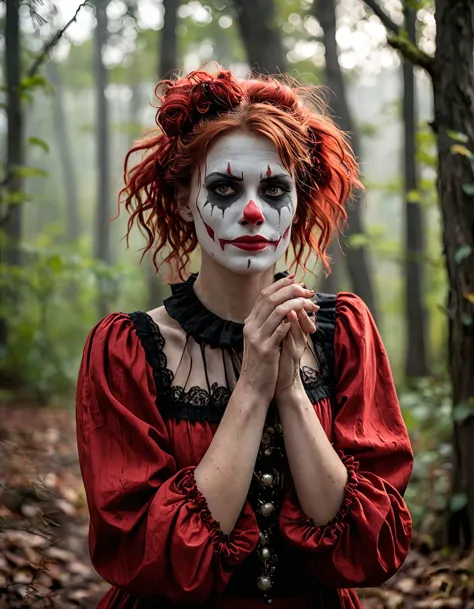 A place with a morbid look that resembles a funeral, (foggy:1.2), silhouetted in soft shadow (full body photograph:1.2) (Rustic Red colored clown outfit:1.3) (beautiful supermodel:1.1) hands in her hair detailed background bokeh <lora:add-detail-xl:1>