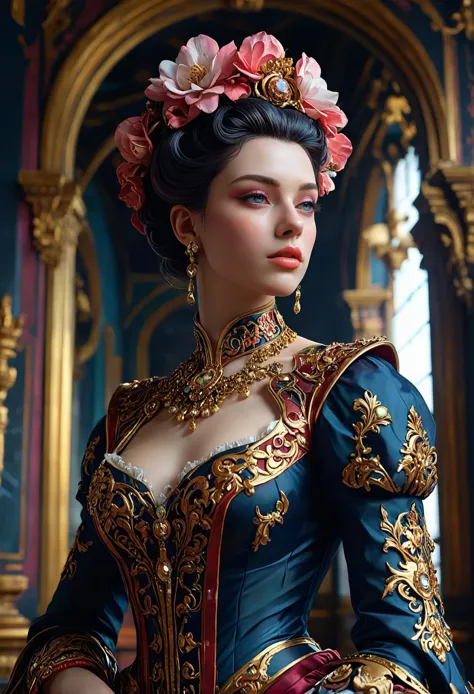 Neo-Rococo, Low Poly aesthetic, a strong Montserratian woman atompunk, triadic colors, stunning background. dark and moody, a mesmerizing blend of light and shadow. masterpiece, absurdres, intricate details, curved forms, naturalistic ornamentation, elaborate, decorative, gaudy, Neo-Rococo