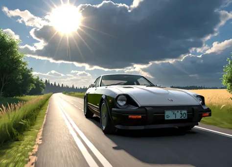 arafed image of a car driving down a road with the sun shining