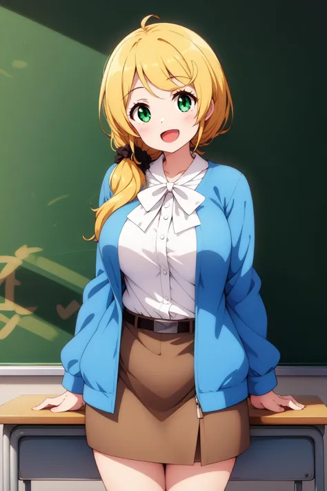 1girl, cowboy shot, classroom, smile, (teacher:1.4), open mouth, 
ellen_baker, green eyes, blonde hair, long hair, hair scrunchi...