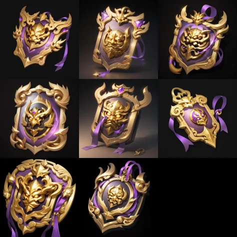 (masterpiece, top quality, best quality, official art, beautiful and aesthetic:1.2),(8k, best quality, masterpiece:1.2),
game icon,A Chinese style token, Moire, Chinese style, writing, carving, pendant a gold and purple shield with a purple ribbon around i...