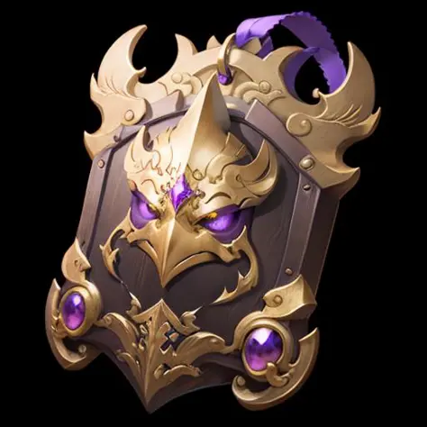 (masterpiece, top quality, best quality, official art, beautiful and aesthetic:1.2),(8k, best quality, masterpiece:1.2),
game icon,A Chinese style token, Moire, Chinese style, writing, carving, pendant a gold and purple shield with a purple ribbon around i...